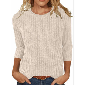 NEW 3/4 Sleeve Round Neck Loose Ribbed Pullover Shirt M